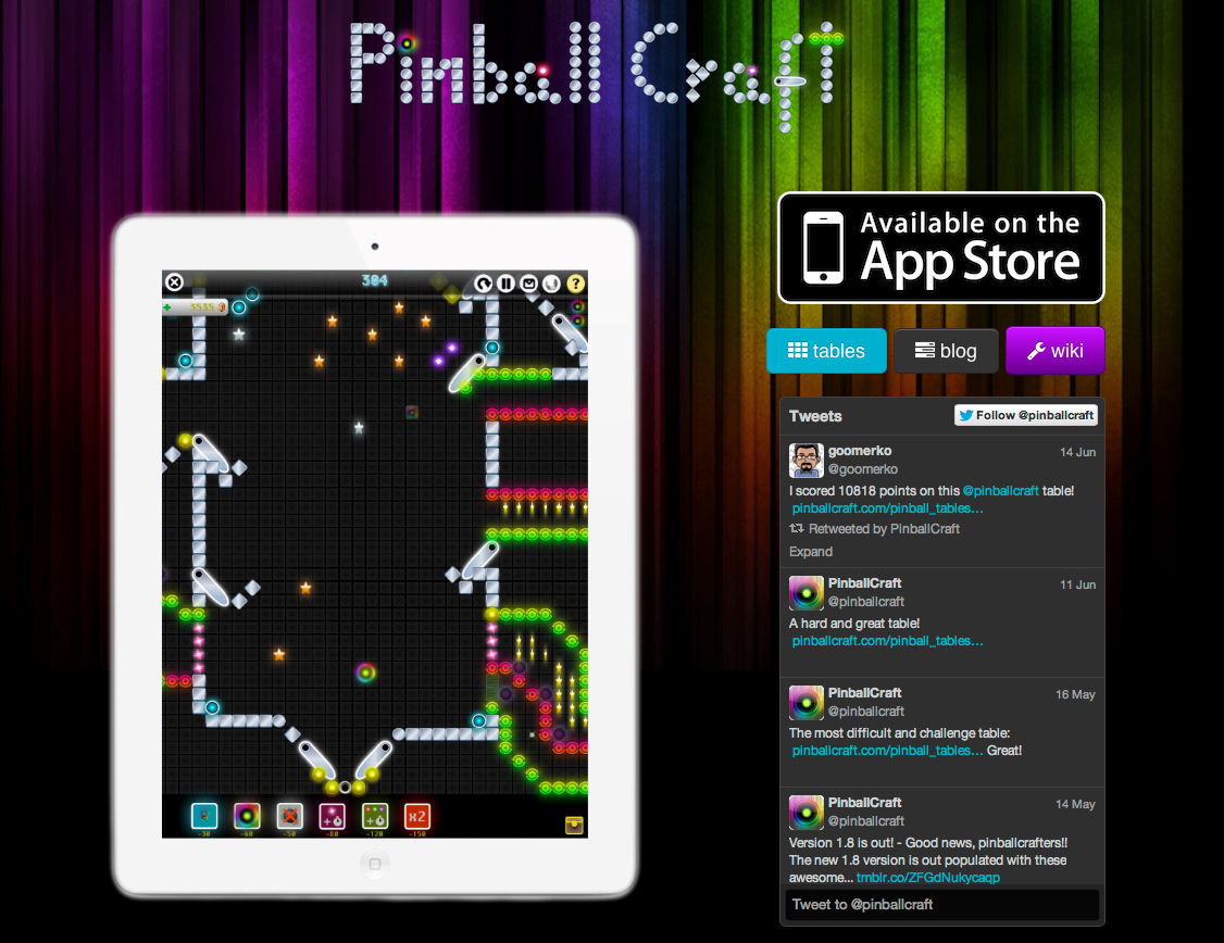 Pinball Craft: Mockup del sitio web con tablero de juego